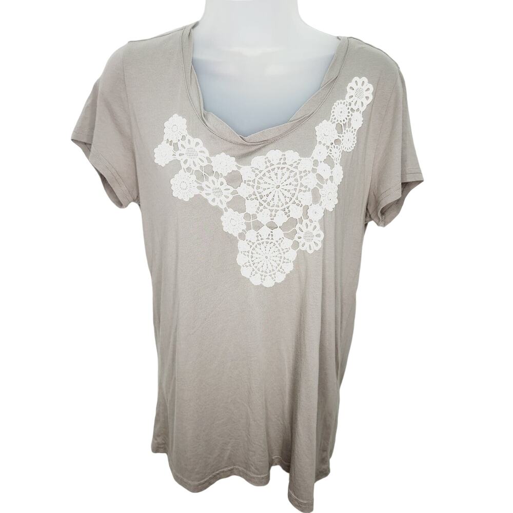 Garnet Hill Boho Lace Applique Top Women's M Taupe Gray Crochet Scoop Neck